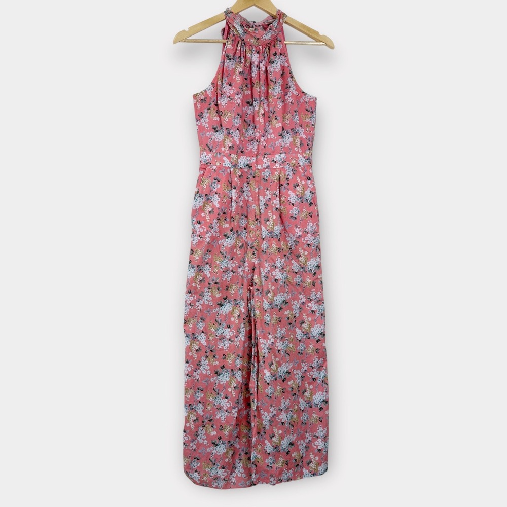 J Crew Liberty Josephine Floral Halter Neck Cropped Jumpsuit Size 4‎ Coral Pink